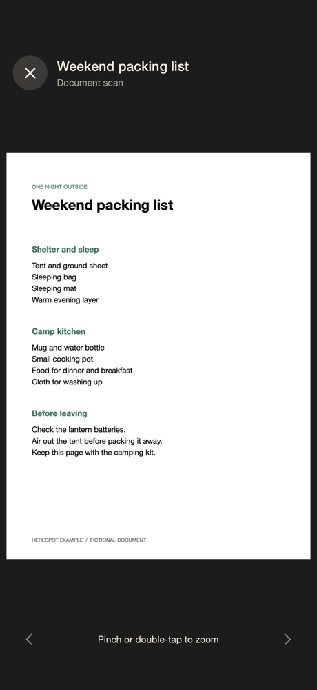 Document viewer with a readable camping checklist and pinch or double-tap zoom