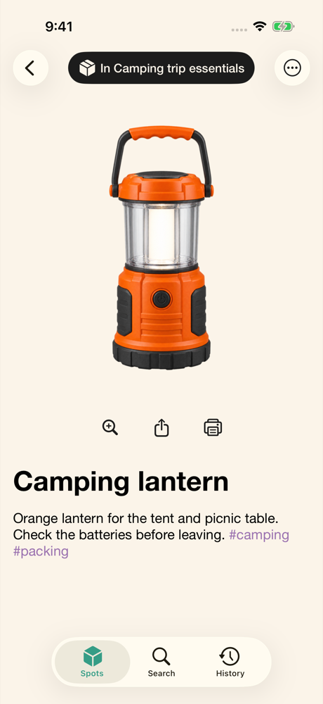 Camping lantern item page with its Spot, photos, and packing notes