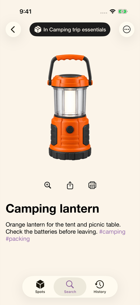 A search for lantern finds the camping lantern and its Spot